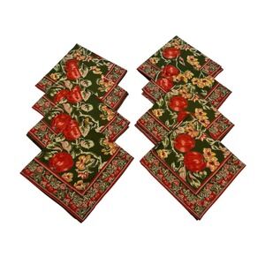 Vtg 8ct April Danica Fall Winter Harvest Napkins Olive Green Red Cotton Shabby